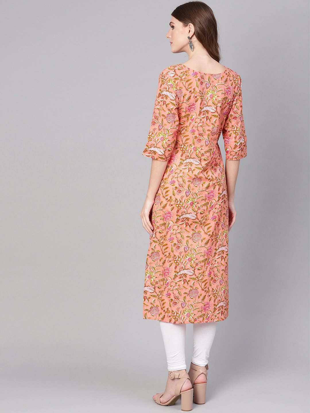 Women Peach-Coloured & Olive Green Printed Straight Kurta | NOZ2TOZ - Made In INDIA.