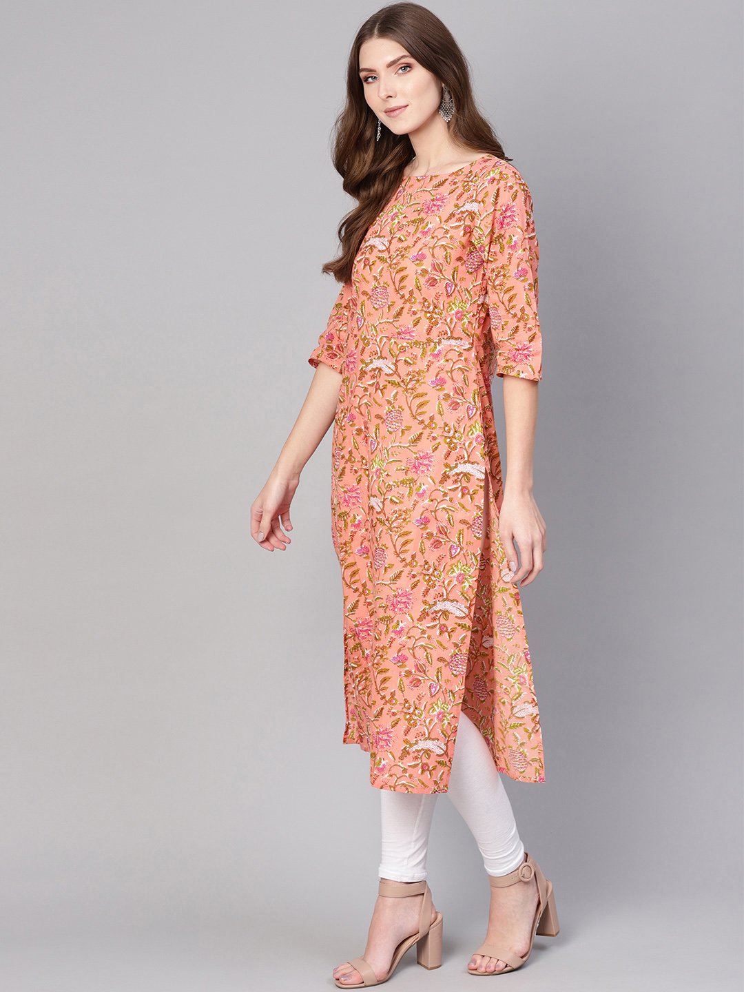 Women Peach-Coloured & Olive Green Printed Straight Kurta | NOZ2TOZ - Made In INDIA.