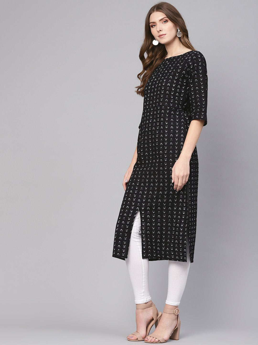 Women Black & White Printed Straight Kurta | NOZ2TOZ - Made In INDIA.