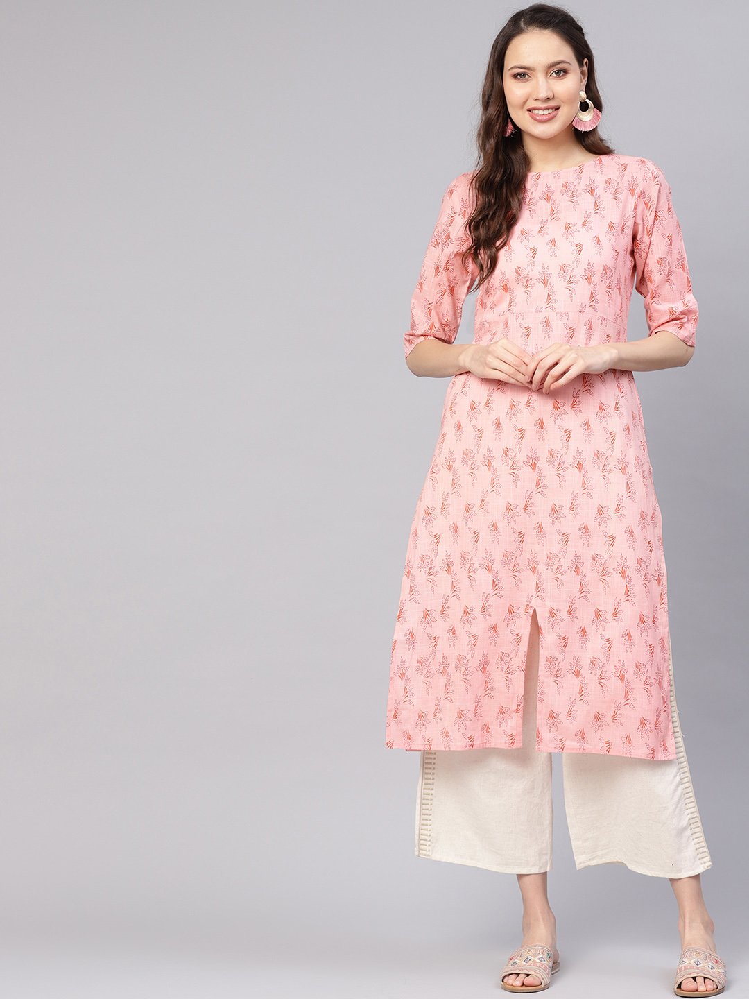 Women Peach-Coloured Printed Straight Kurta | NOZ2TOZ - Made In INDIA.