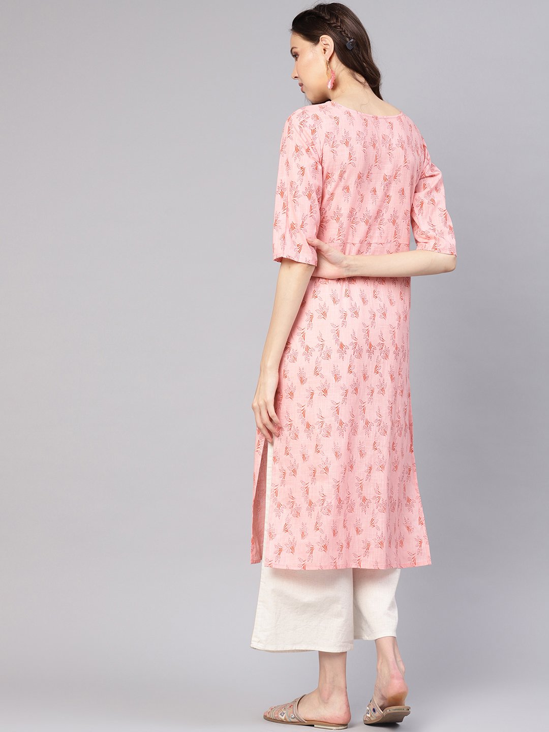 Women Peach-Coloured Printed Straight Kurta | NOZ2TOZ - Made In INDIA.