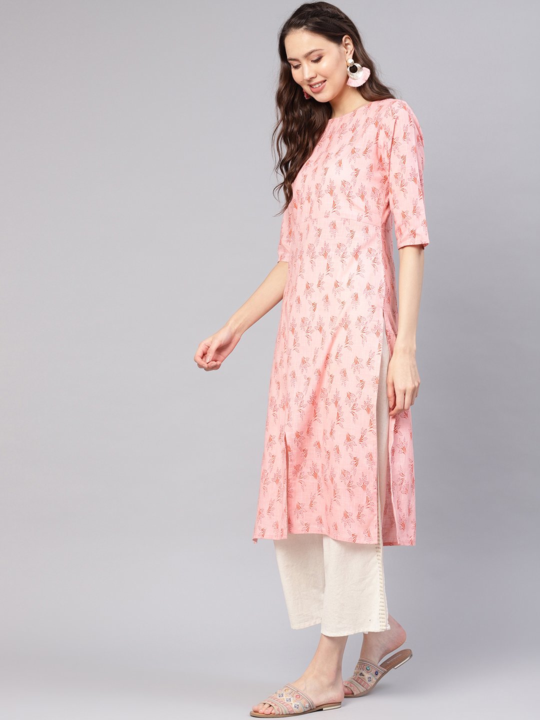 Women Peach-Coloured Printed Straight Kurta | NOZ2TOZ - Made In INDIA.