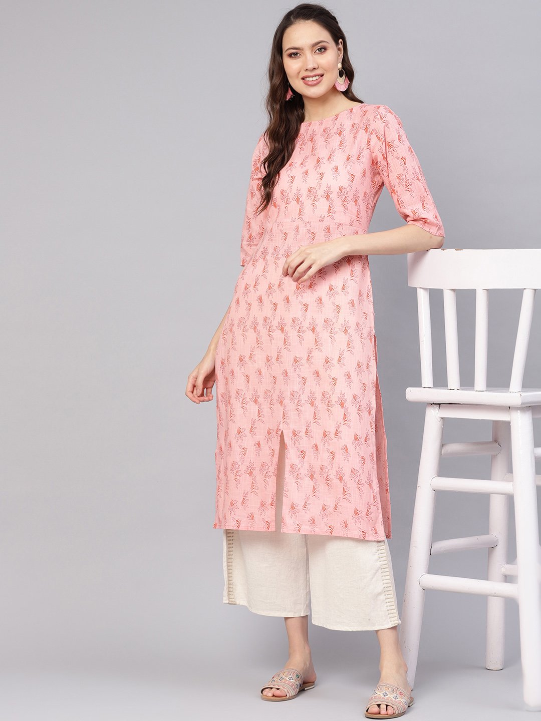 Women Peach-Coloured Printed Straight Kurta | NOZ2TOZ - Made In INDIA.