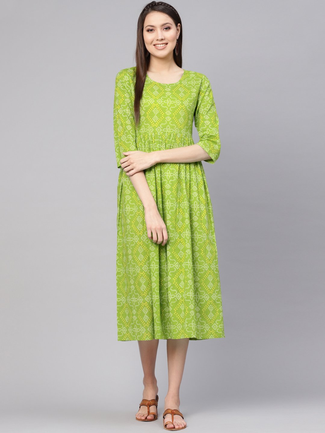 Women Green & Yellow Bandhej Printed A-Line Dress | NOZ2TOZ - Made In INDIA.