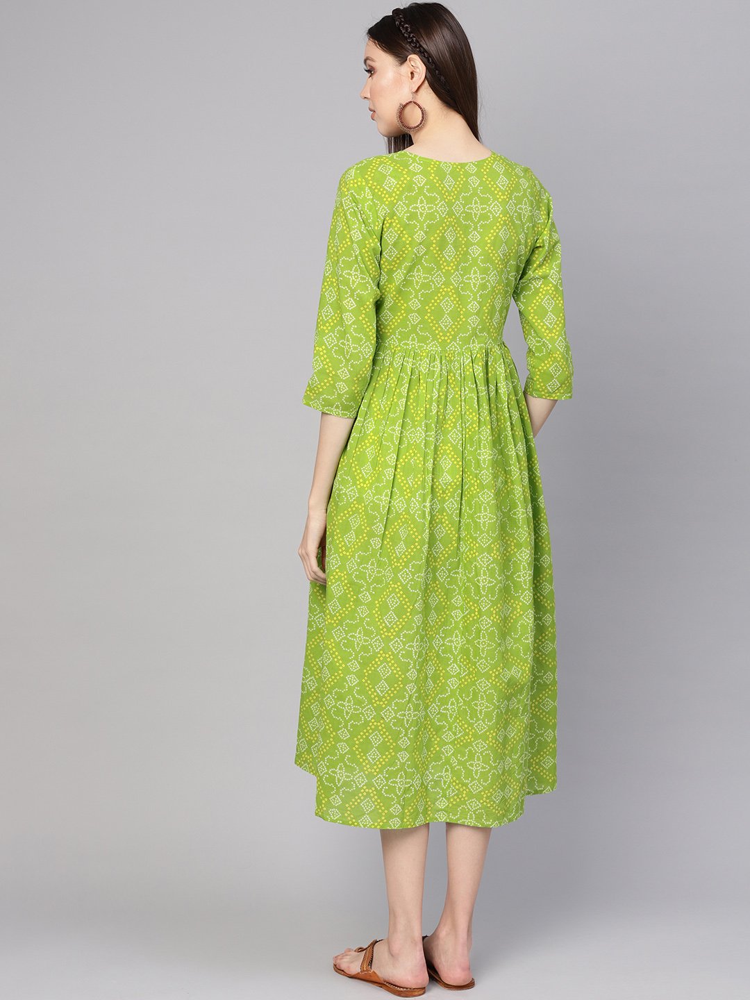 Women Green & Yellow Bandhej Printed A-Line Dress | NOZ2TOZ - Made In INDIA.