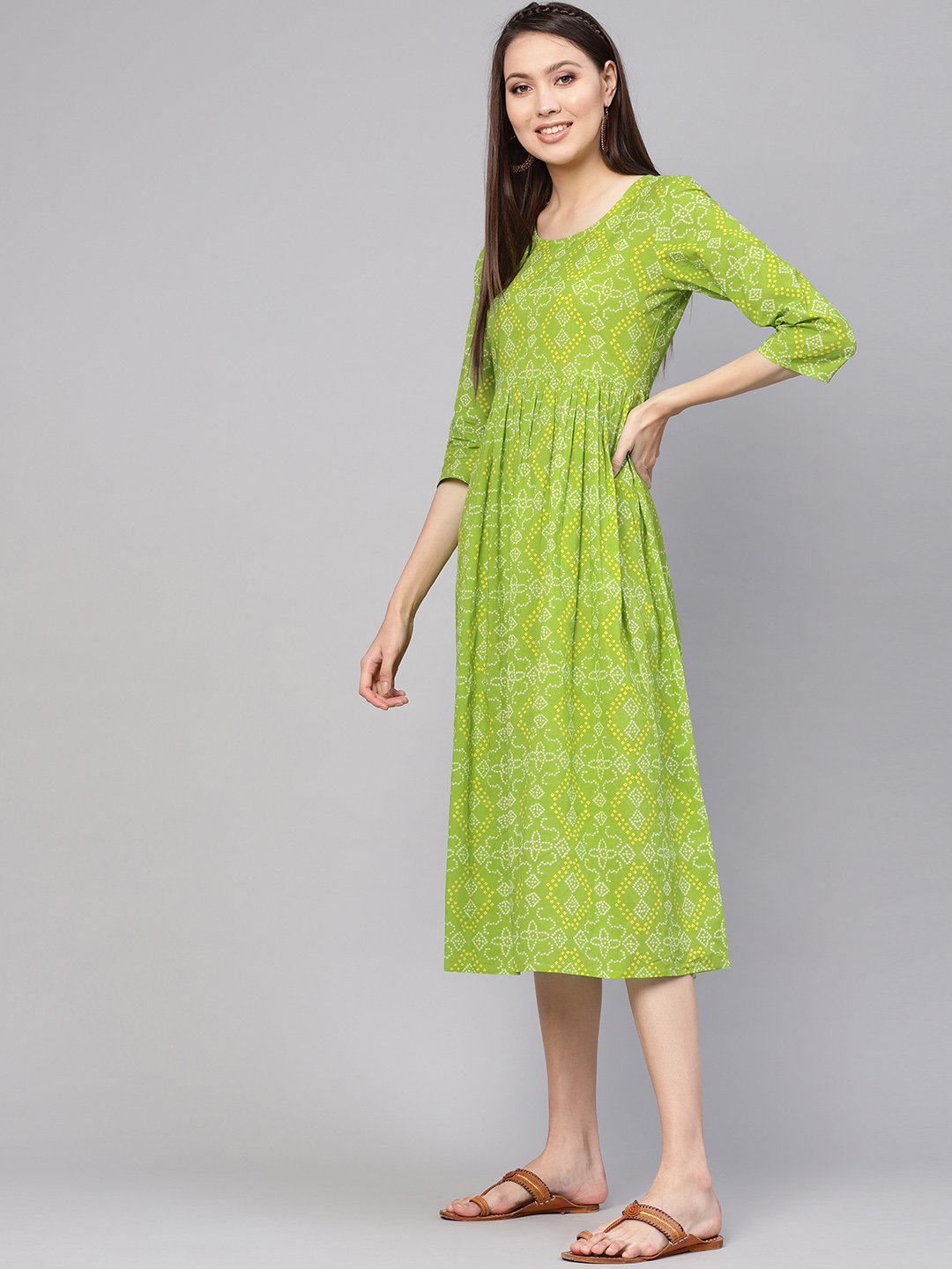 Women Green & Yellow Bandhej Printed A-Line Dress | NOZ2TOZ - Made In INDIA.