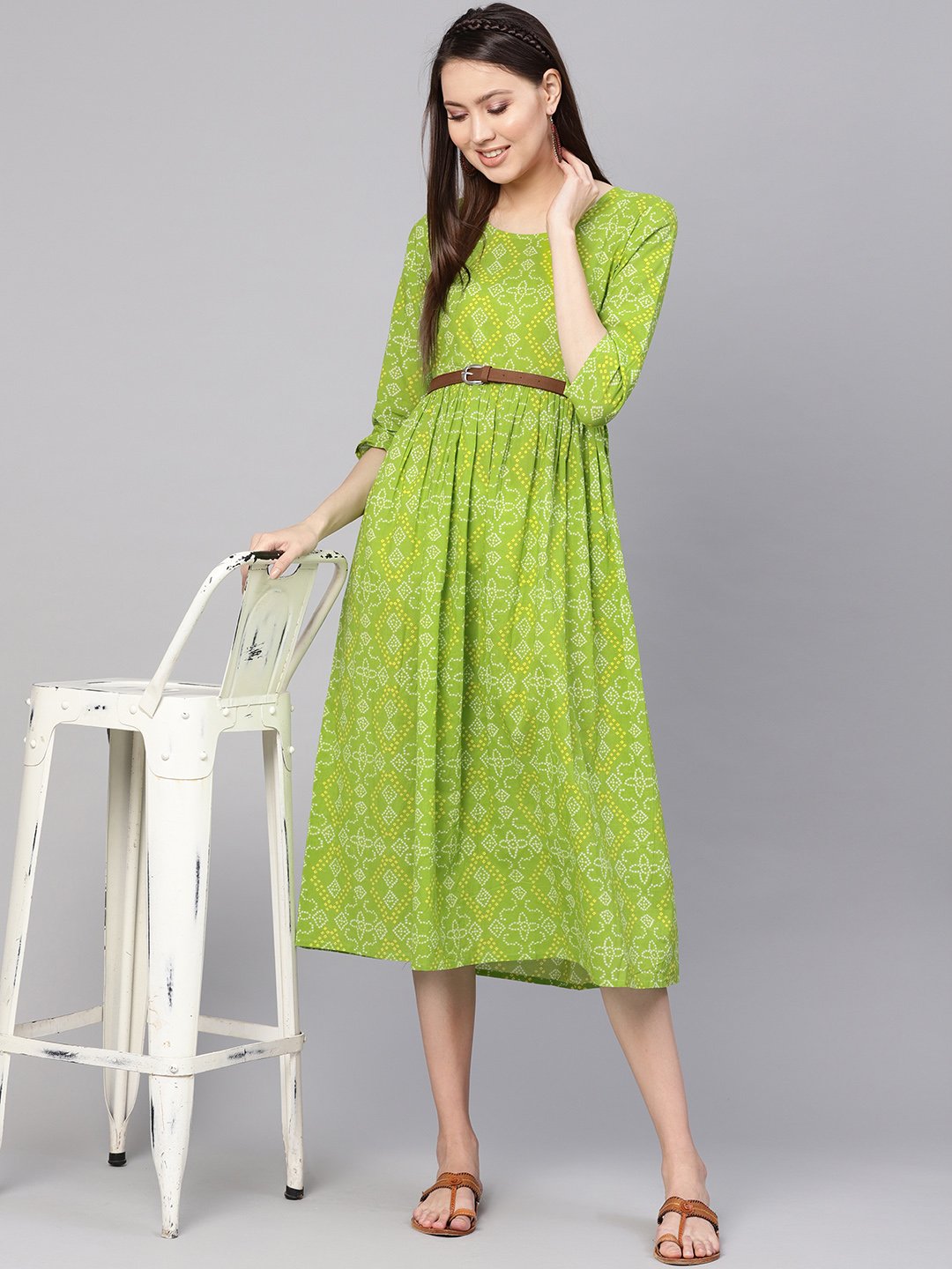 Women Green & Yellow Bandhej Printed A-Line Dress | NOZ2TOZ - Made In INDIA.