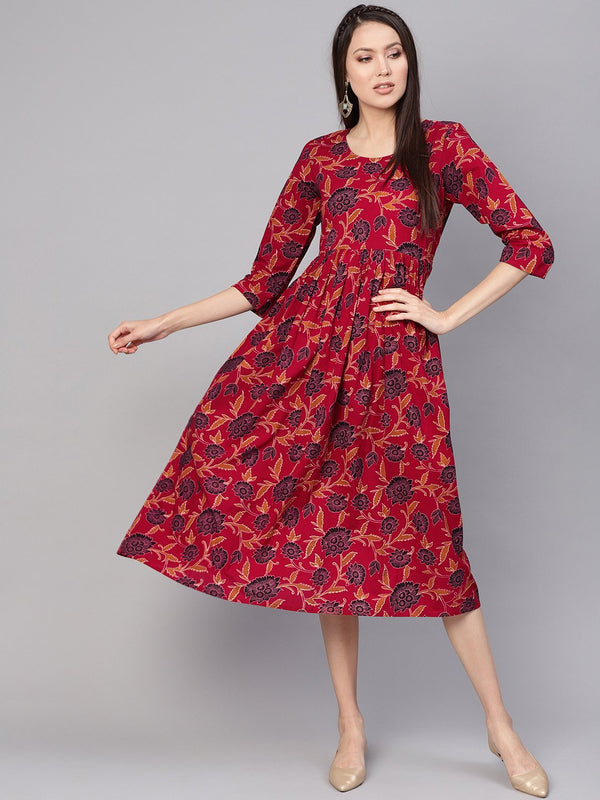 Women Maroon & Black Printed A-Line Dress | NOZ2TOZ - Made In INDIA.