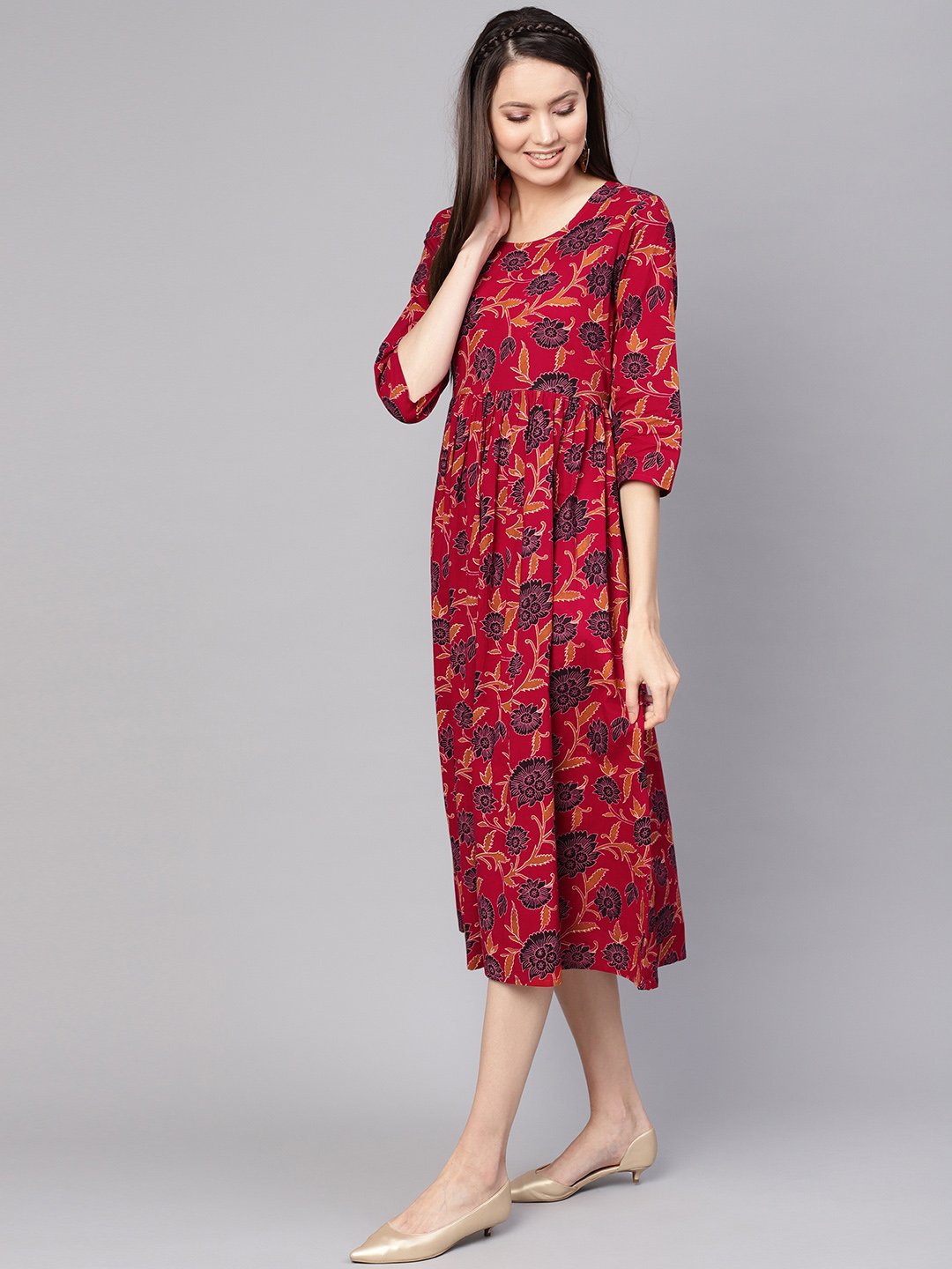 Women Maroon & Black Printed A-Line Dress | NOZ2TOZ - Made In INDIA.