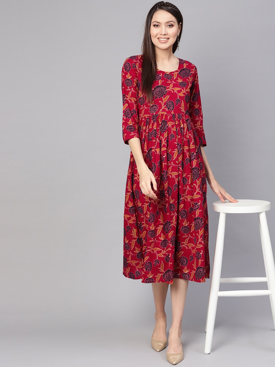 Women Maroon & Black Printed A-Line Dress | NOZ2TOZ - Made In INDIA.