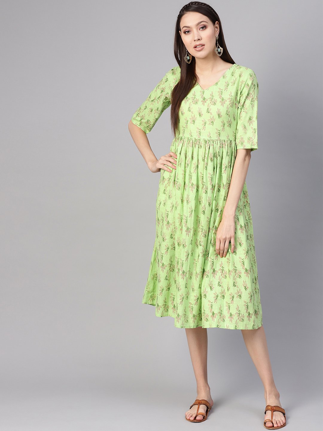 Women Green & Pink Printed A-Line Dress | NOZ2TOZ - Made In INDIA.