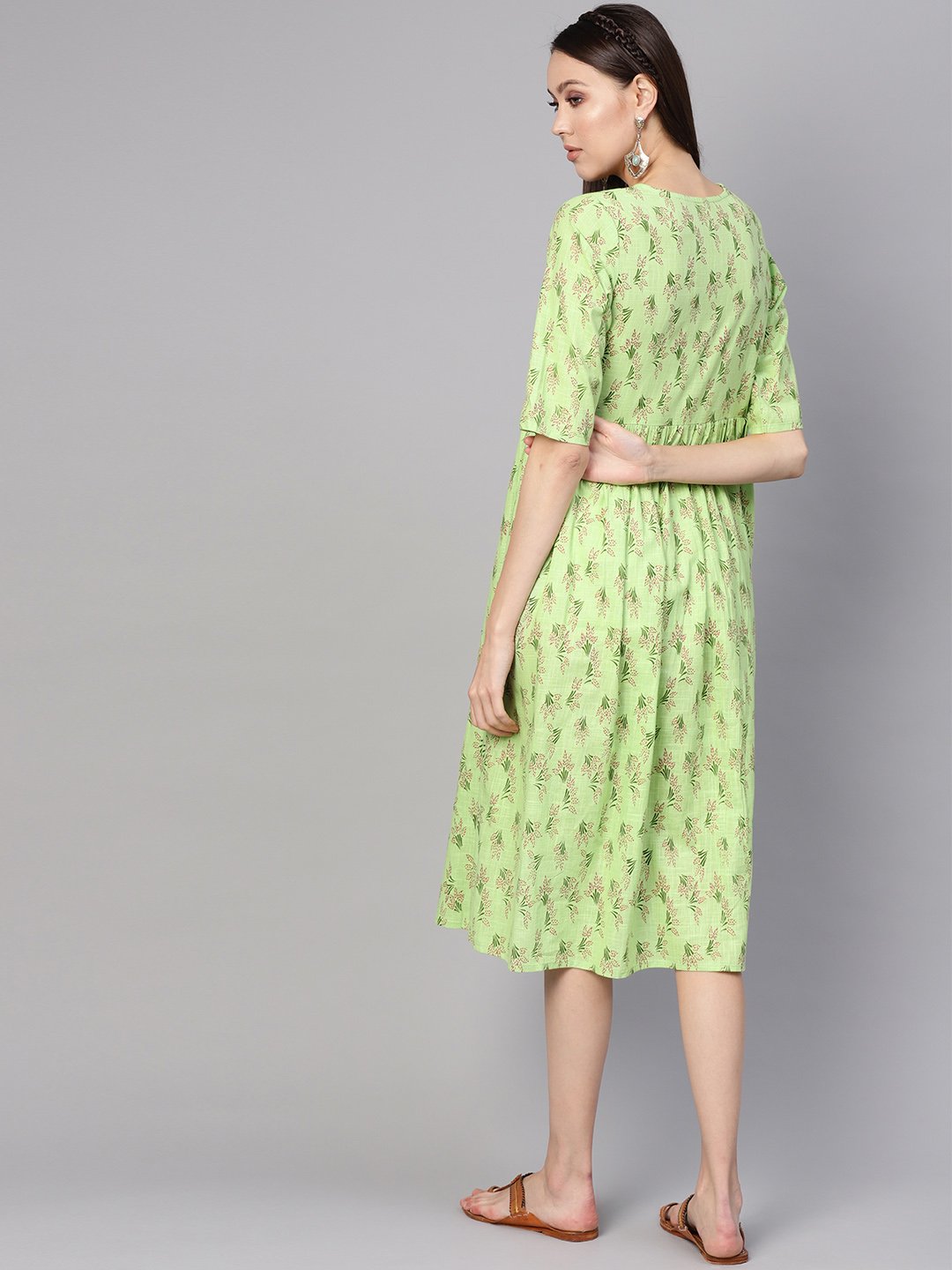 Women Green & Pink Printed A-Line Dress | NOZ2TOZ - Made In INDIA.