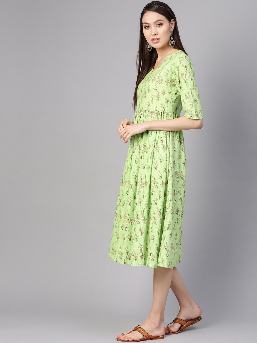 Women Green & Pink Printed A-Line Dress | NOZ2TOZ - Made In INDIA.