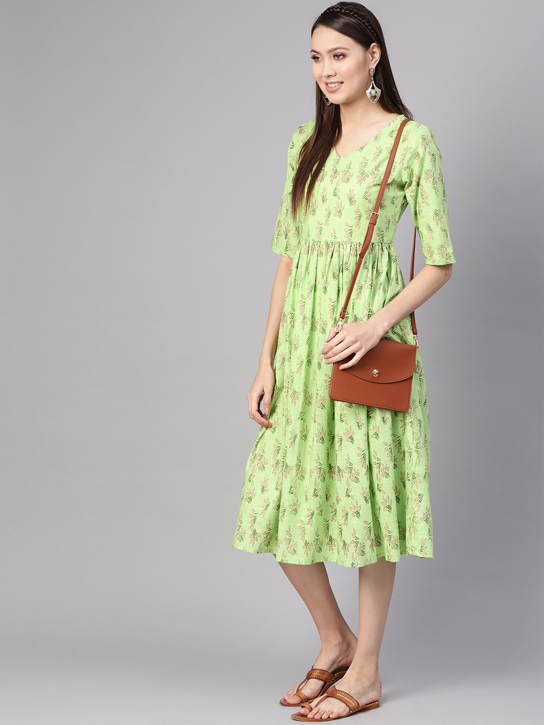 Women Green & Pink Printed A-Line Dress | NOZ2TOZ - Made In INDIA.