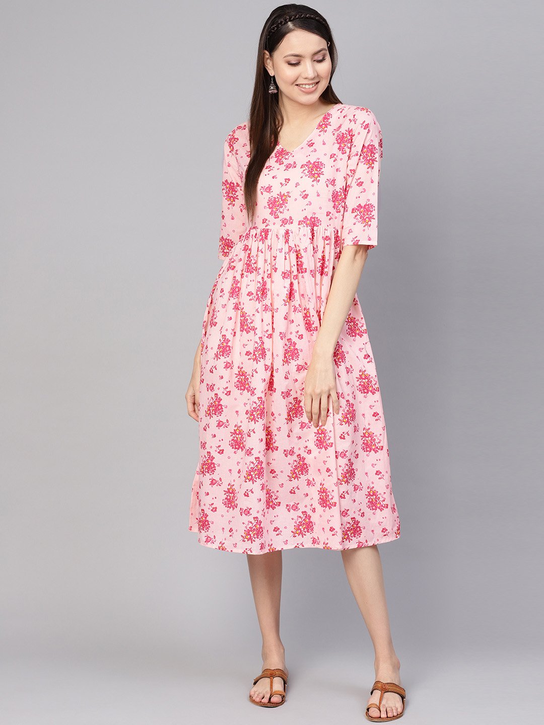 Women Peach-Coloured & Pink Printed A-Line Dress | NOZ2TOZ - Made In INDIA.