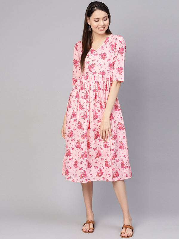 Women Peach-Coloured & Pink Printed A-Line Dress | NOZ2TOZ - Made In INDIA.