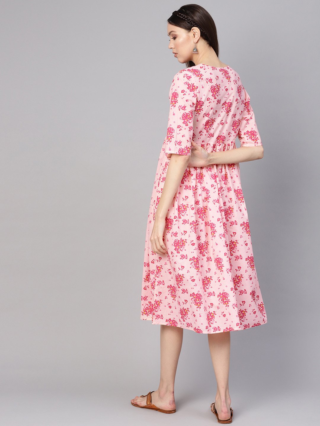 Women Peach-Coloured & Pink Printed A-Line Dress | NOZ2TOZ - Made In INDIA.