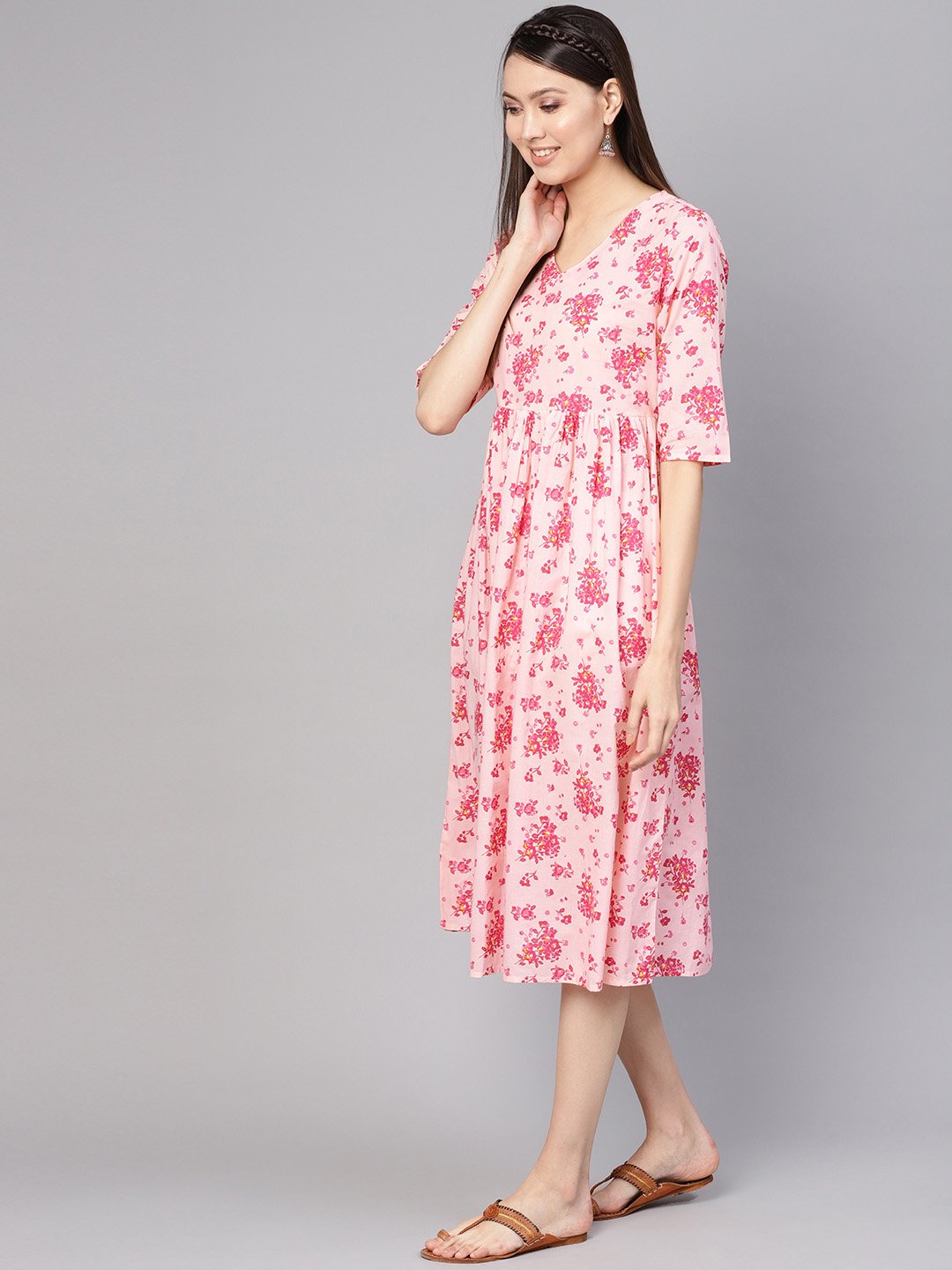 Women Peach-Coloured & Pink Printed A-Line Dress | NOZ2TOZ - Made In INDIA.