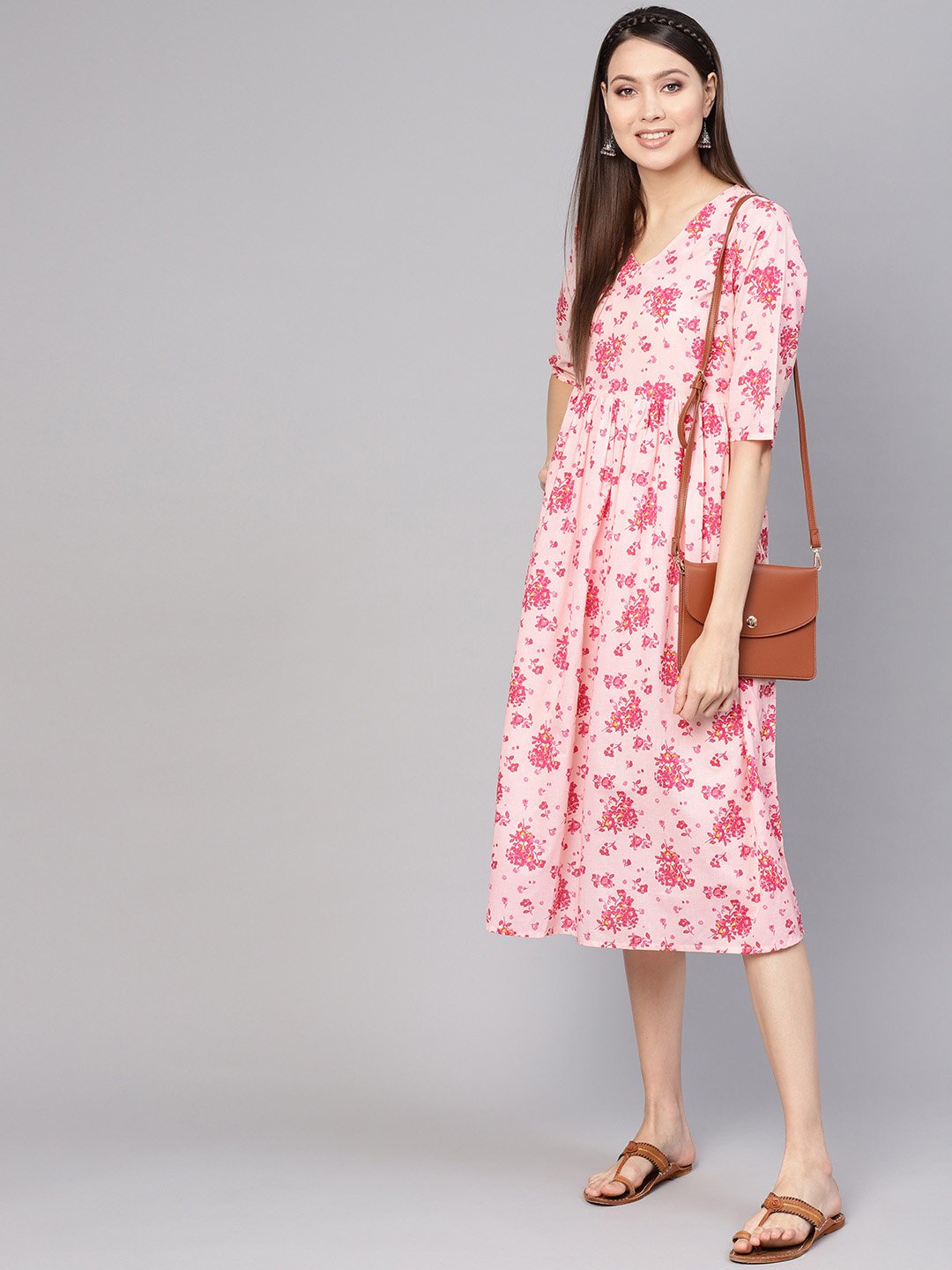 Women Peach-Coloured & Pink Printed A-Line Dress | NOZ2TOZ - Made In INDIA.