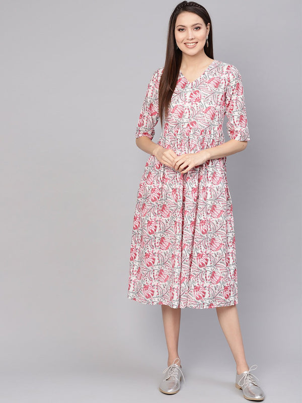 Women Off-White & Pink Printed A-Line Dress | NOZ2TOZ - Made In INDIA.