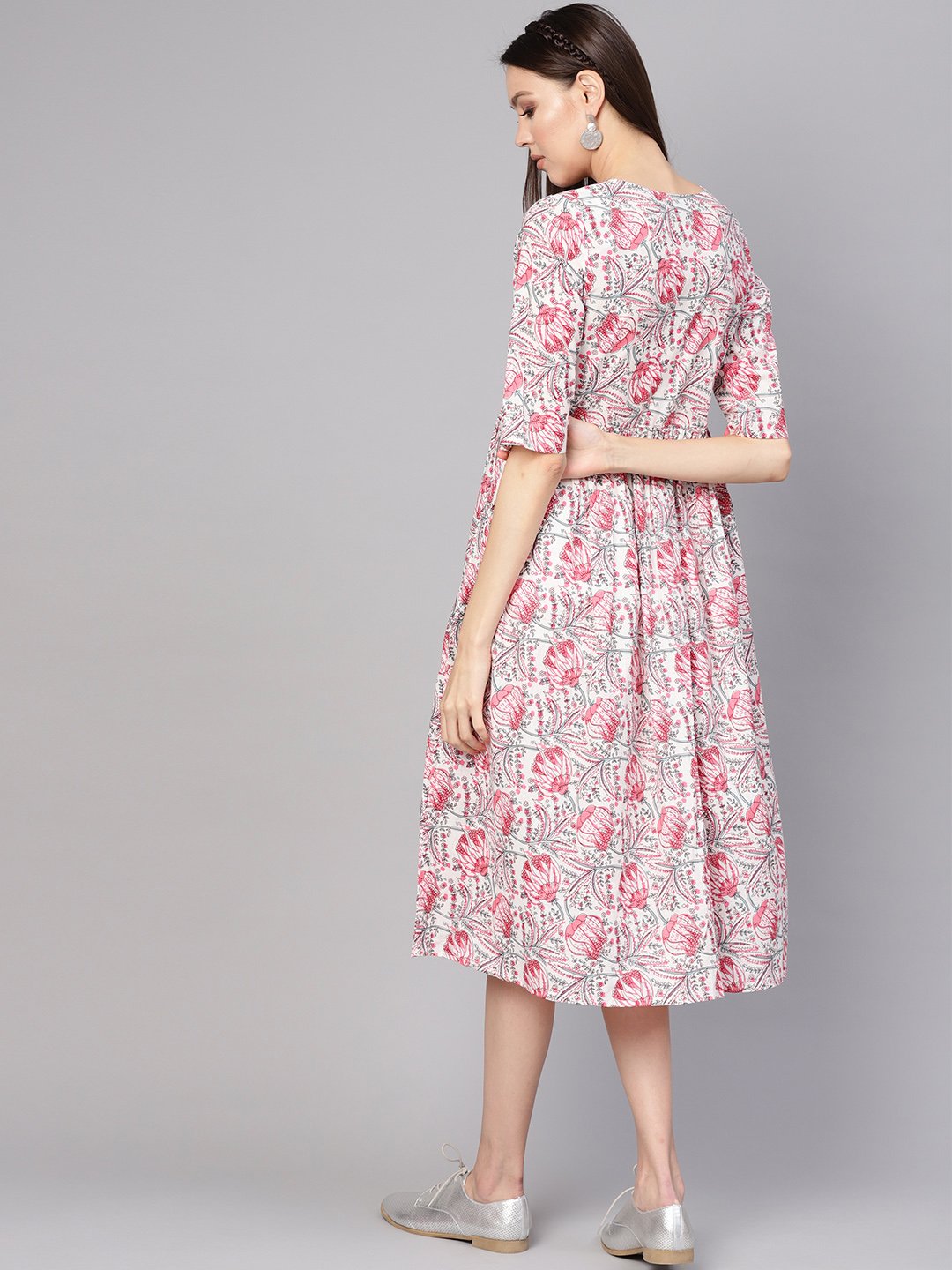 Women Off-White & Pink Printed A-Line Dress | NOZ2TOZ - Made In INDIA.