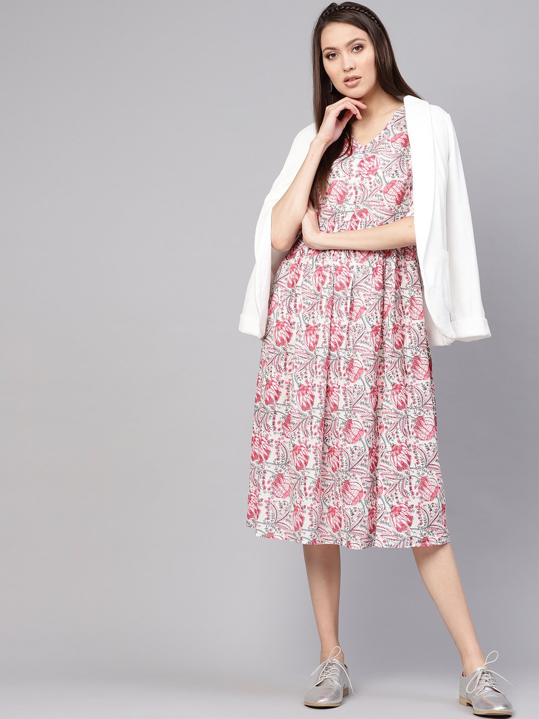 Women Off-White & Pink Printed A-Line Dress | NOZ2TOZ - Made In INDIA.