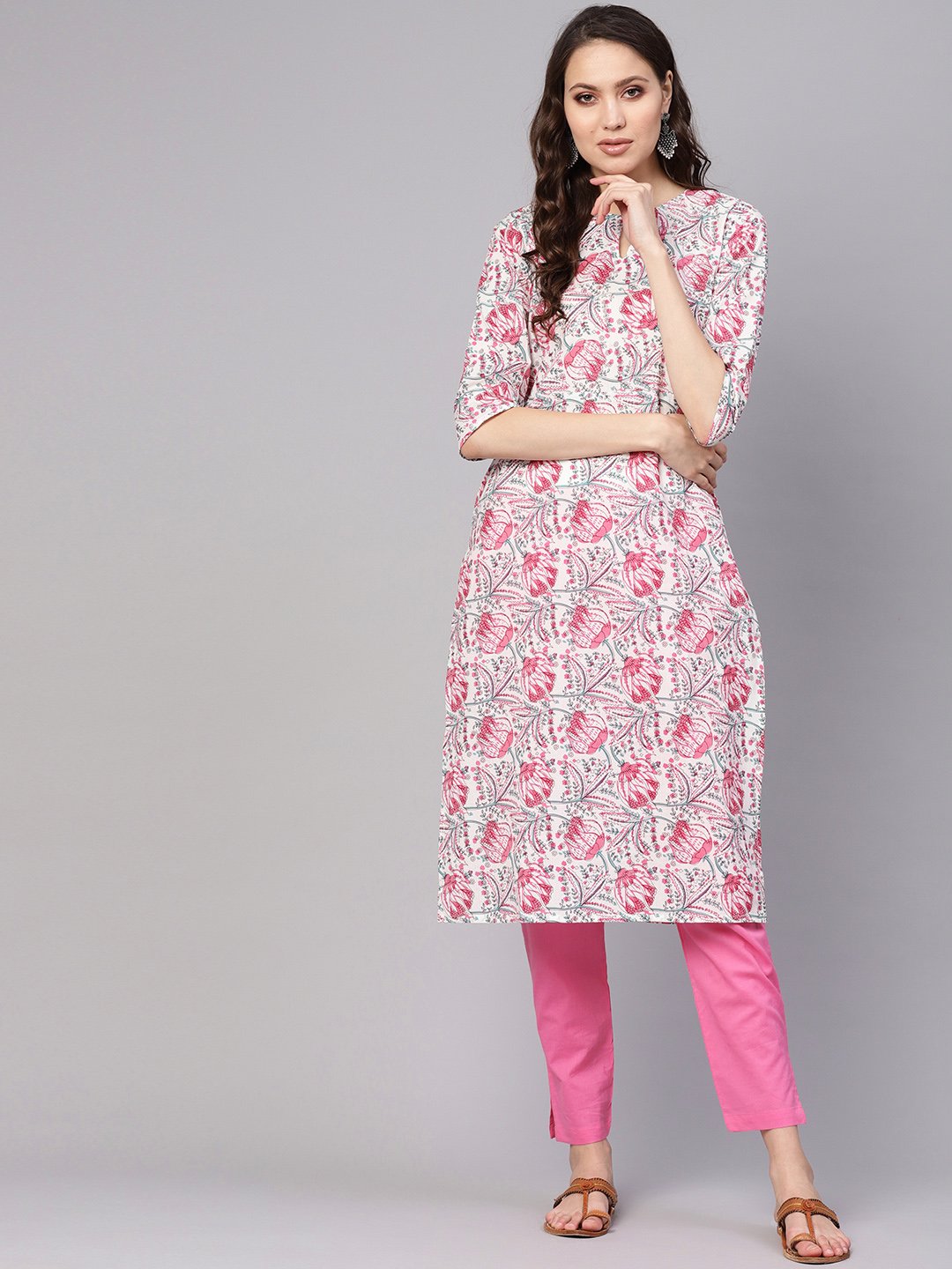 Women White & Pink Printed Kurta with Trousers | NOZ2TOZ - Made In INDIA.