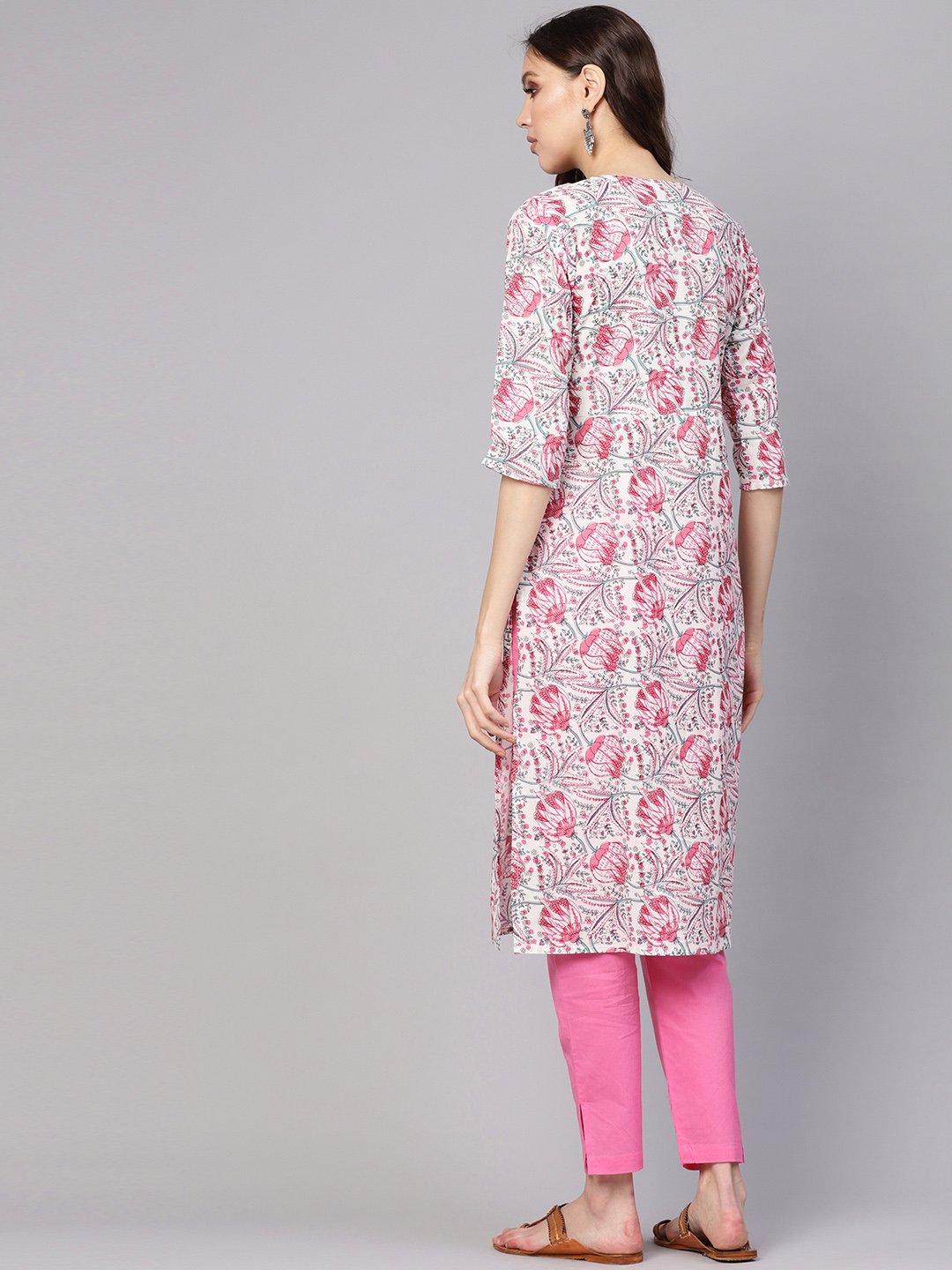 Women White & Pink Printed Kurta with Trousers | NOZ2TOZ - Made In INDIA.