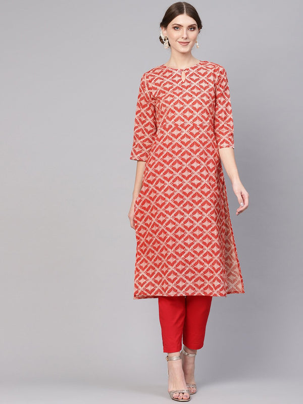 Women Red & White Printed Kurta with Trousers | NOZ2TOZ - Made In INDIA.