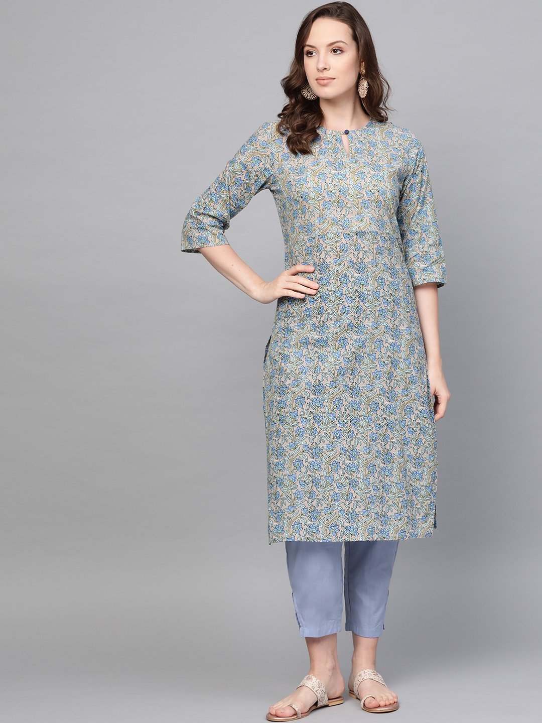 Women Blue Three-Quarter Sleeves Printed Straight Pure Cotton Kurta with Trouser Set | NOZ2TOZ - Made In INDIA.