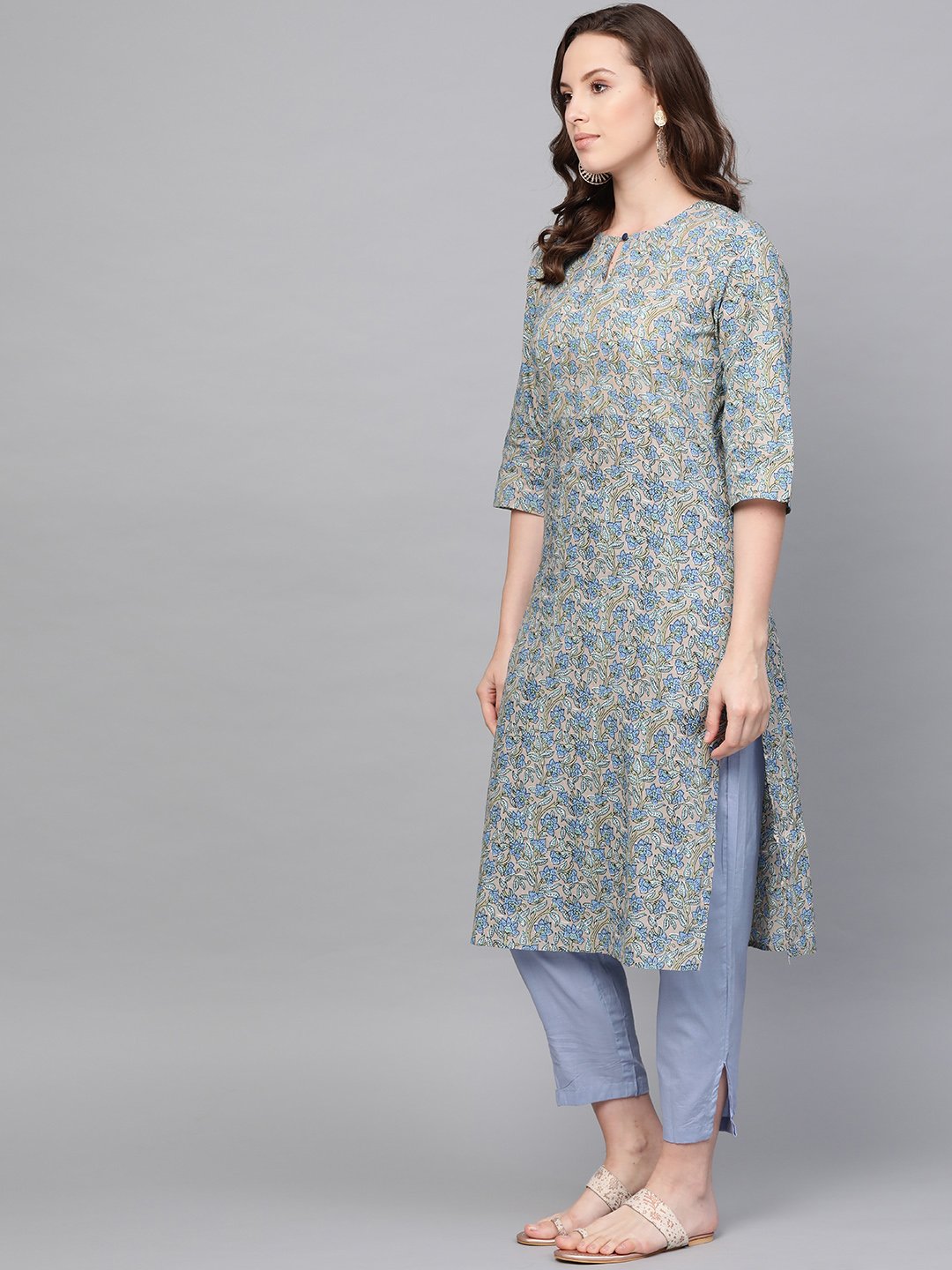 Women Blue Three-Quarter Sleeves Printed Straight Pure Cotton Kurta with Trouser Set | NOZ2TOZ - Made In INDIA.