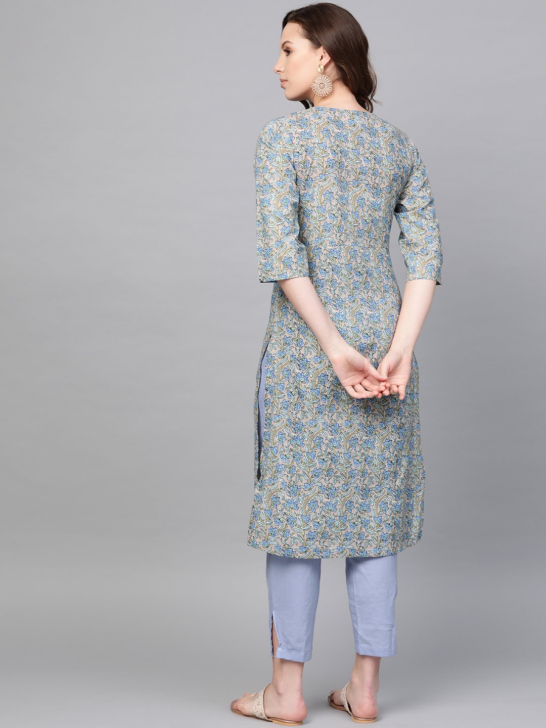 Women Blue Three-Quarter Sleeves Printed Straight Pure Cotton Kurta with Trouser Set | NOZ2TOZ - Made In INDIA.