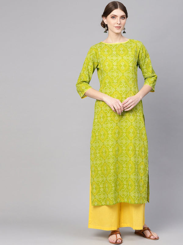 Women Green & Yellow Bandhani Print Kurta with Palazzos | NOZ2TOZ - Made In INDIA.