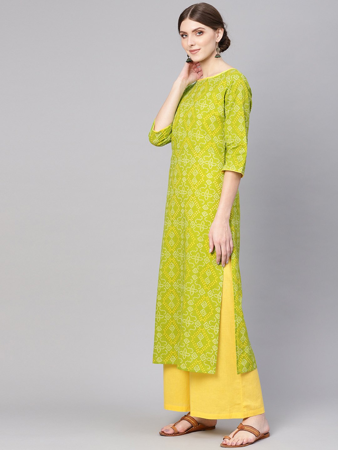 Women Green & Yellow Bandhani Print Kurta with Palazzos | NOZ2TOZ - Made In INDIA.