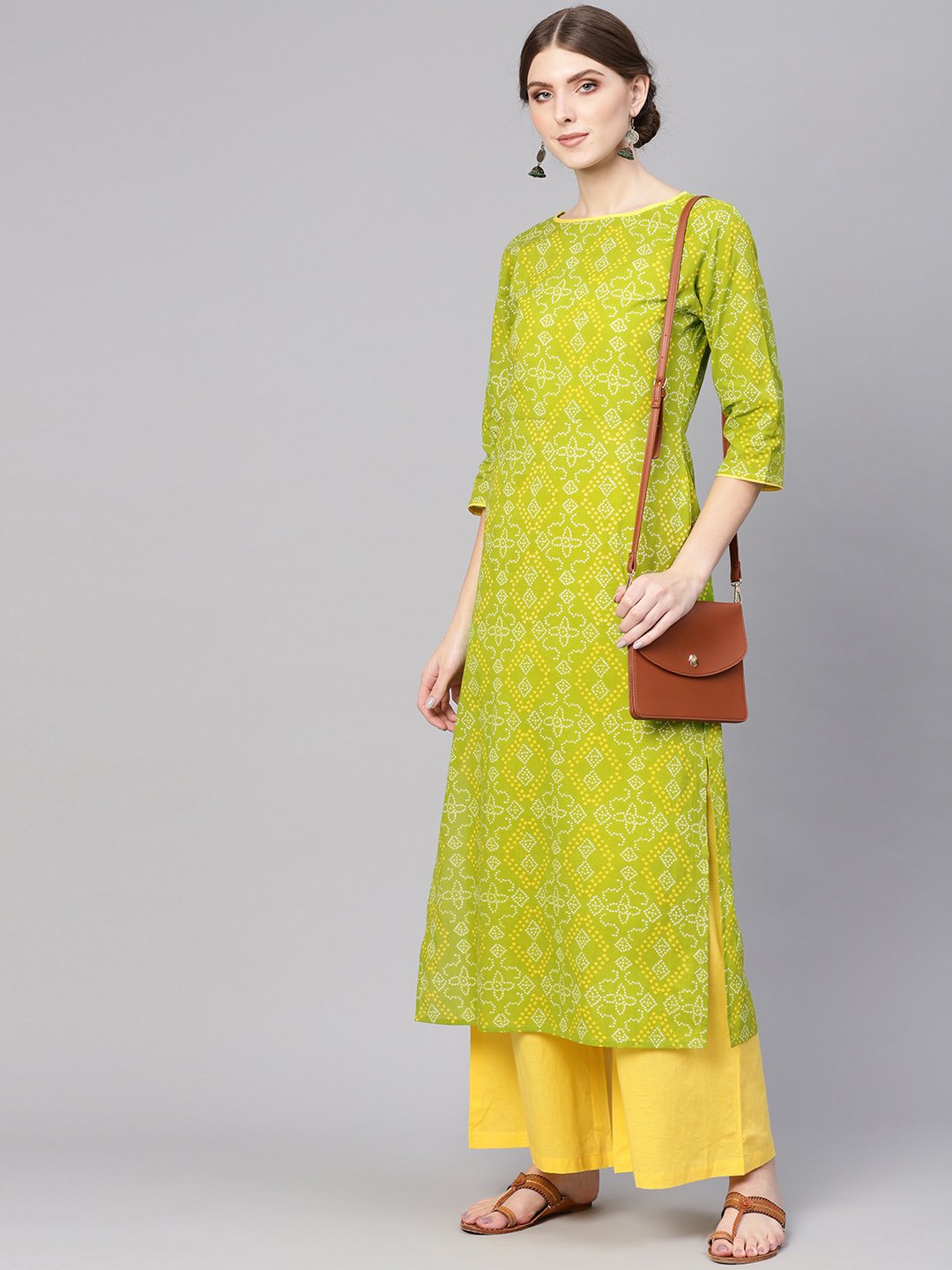 Women Green & Yellow Bandhani Print Kurta with Palazzos | NOZ2TOZ - Made In INDIA.