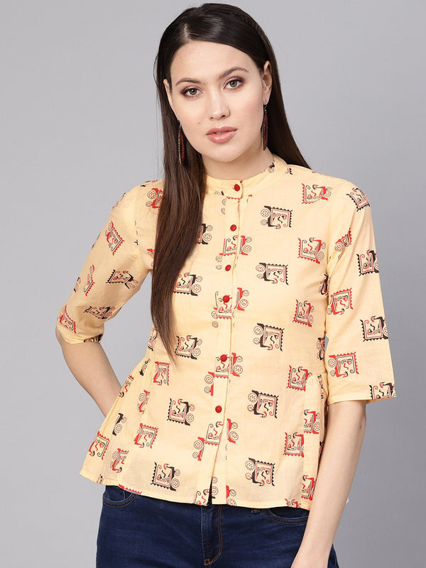 Women Cream-Coloured & Red Printed Shirt Style Top | NOZ2TOZ - Made In INDIA.