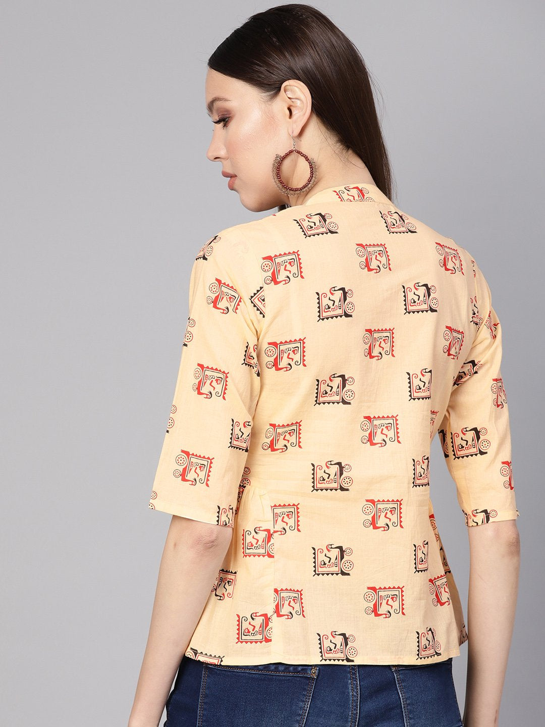 Women Cream-Coloured & Red Printed Shirt Style Top | NOZ2TOZ - Made In INDIA.