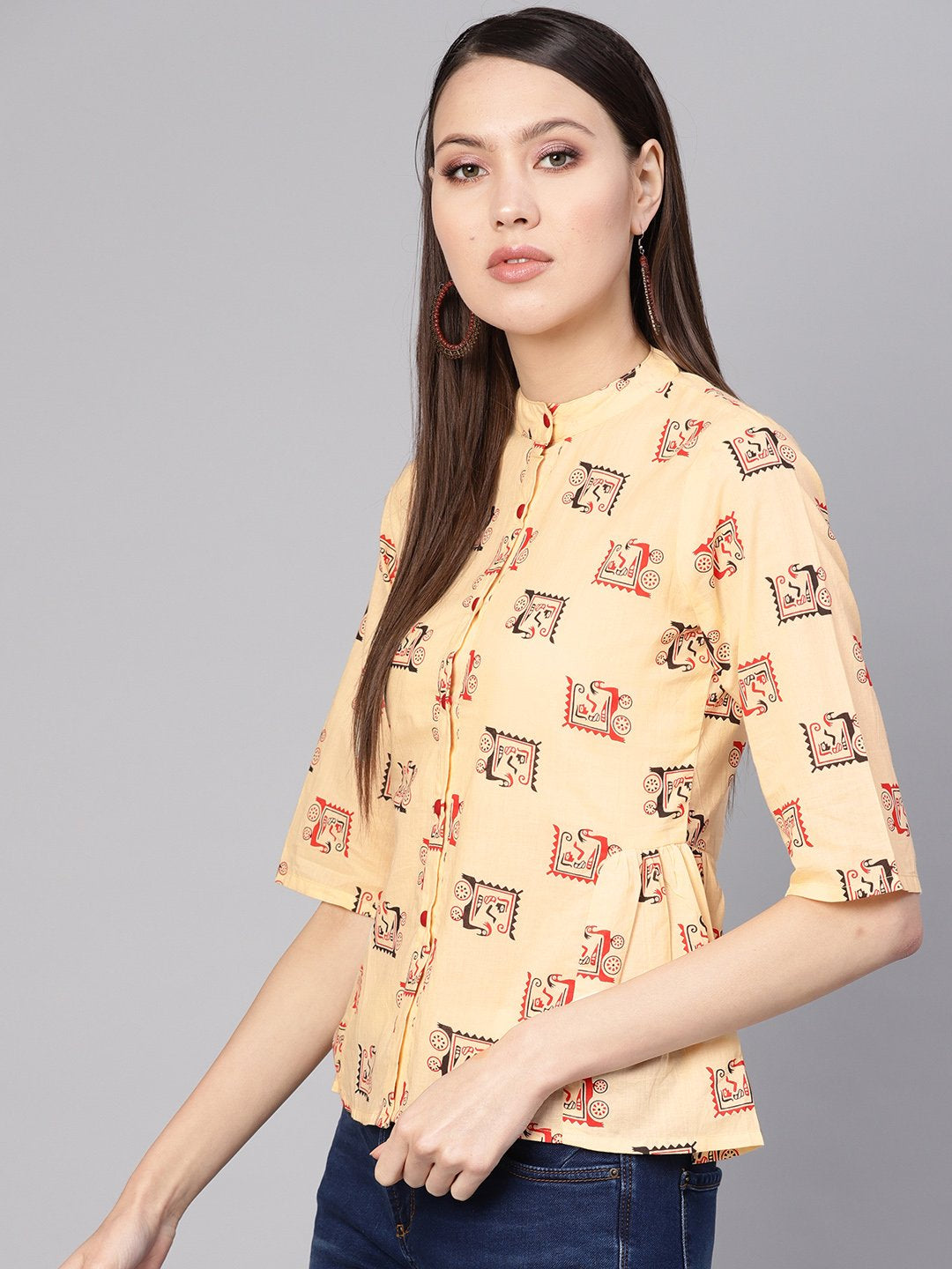 Women Cream-Coloured & Red Printed Shirt Style Top | NOZ2TOZ - Made In INDIA.