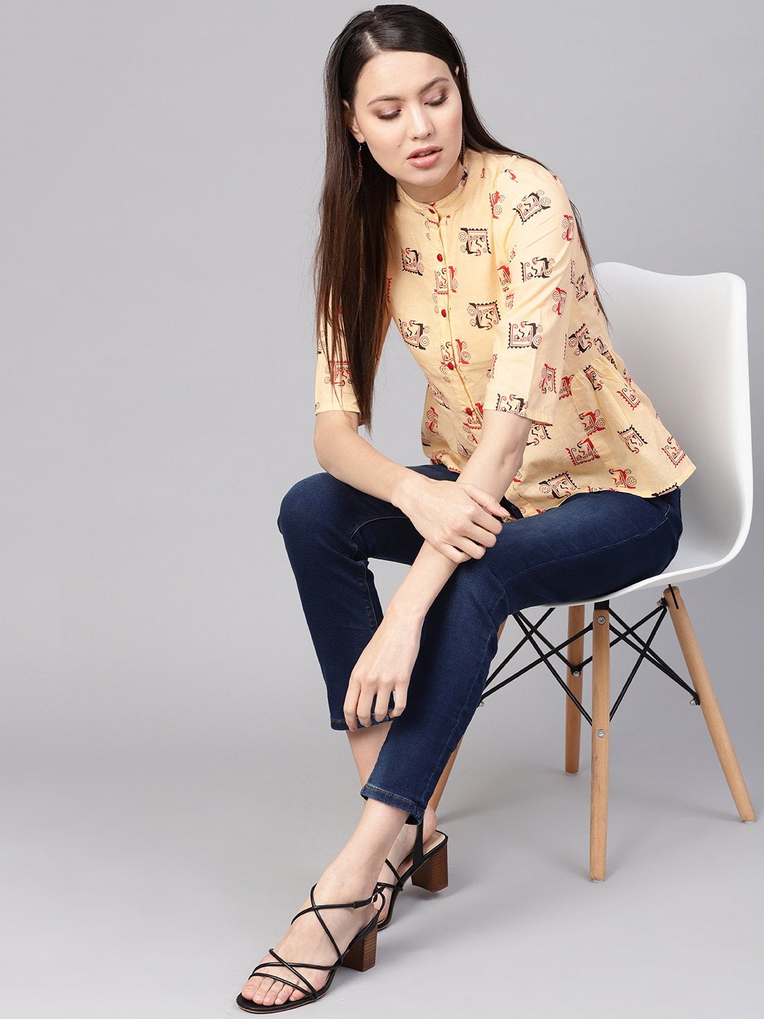 Women Cream-Coloured & Red Printed Shirt Style Top | NOZ2TOZ - Made In INDIA.