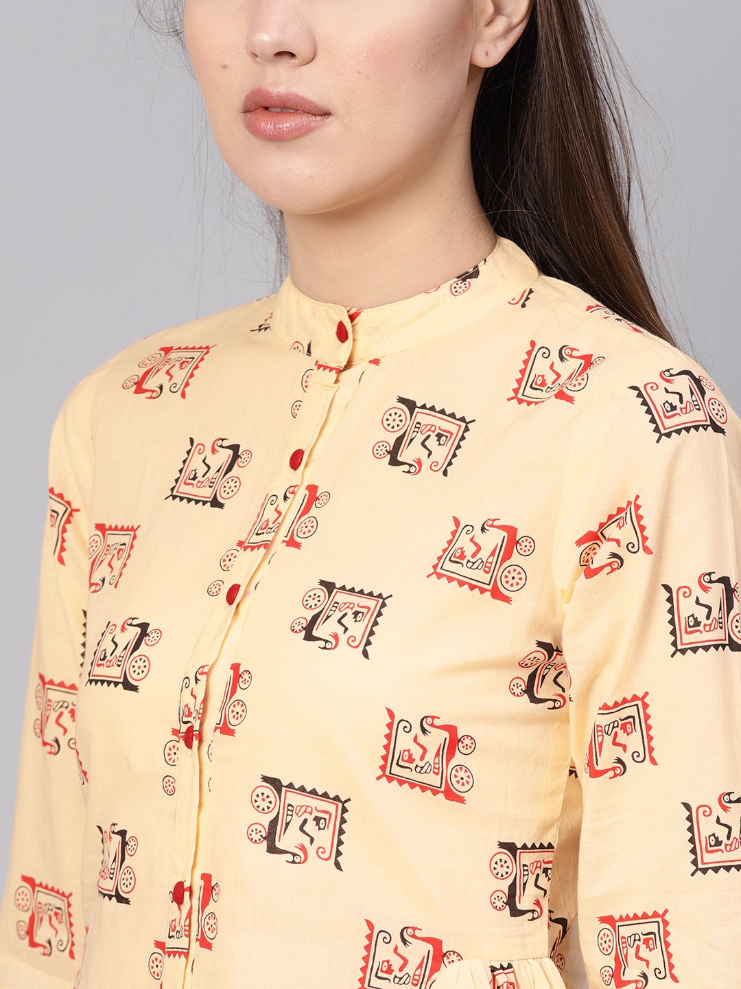 Women Cream-Coloured & Red Printed Shirt Style Top | NOZ2TOZ - Made In INDIA.