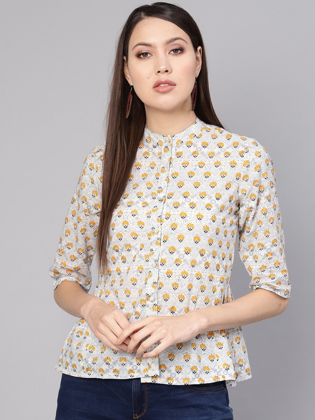 Women Blue & Mustard Yellow Printed Shirt Style Top | NOZ2TOZ - Made In INDIA.