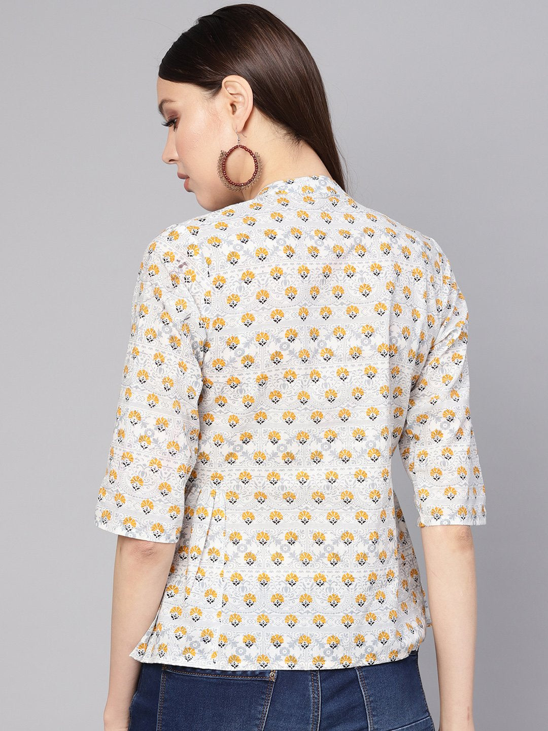 Women Blue & Mustard Yellow Printed Shirt Style Top | NOZ2TOZ - Made In INDIA.