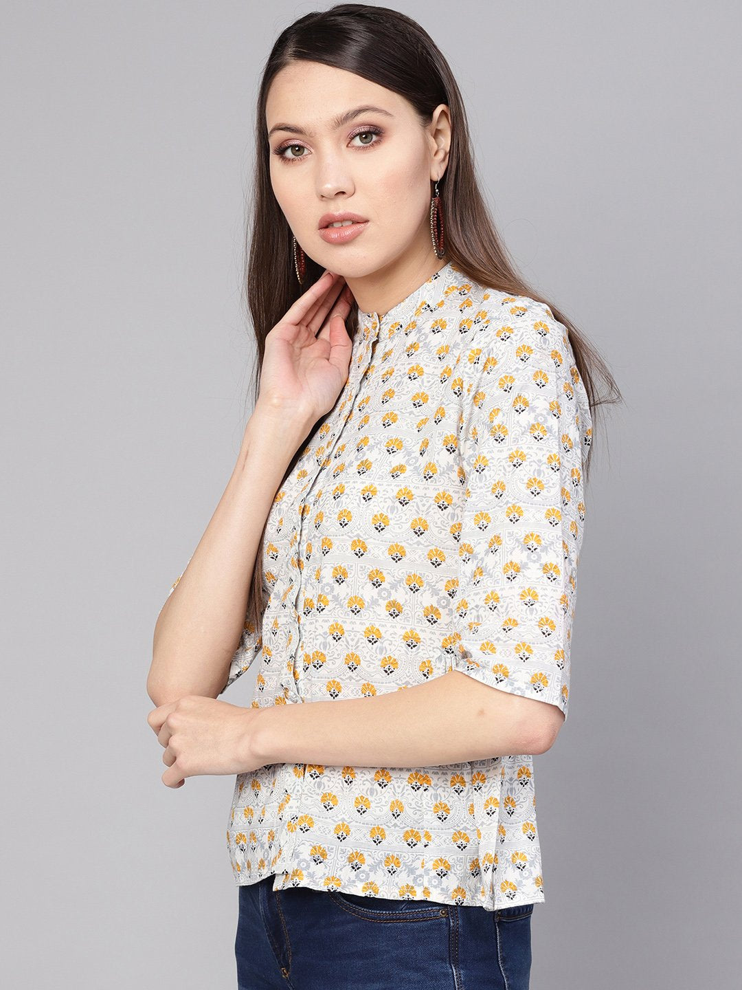 Women Blue & Mustard Yellow Printed Shirt Style Top | NOZ2TOZ - Made In INDIA.