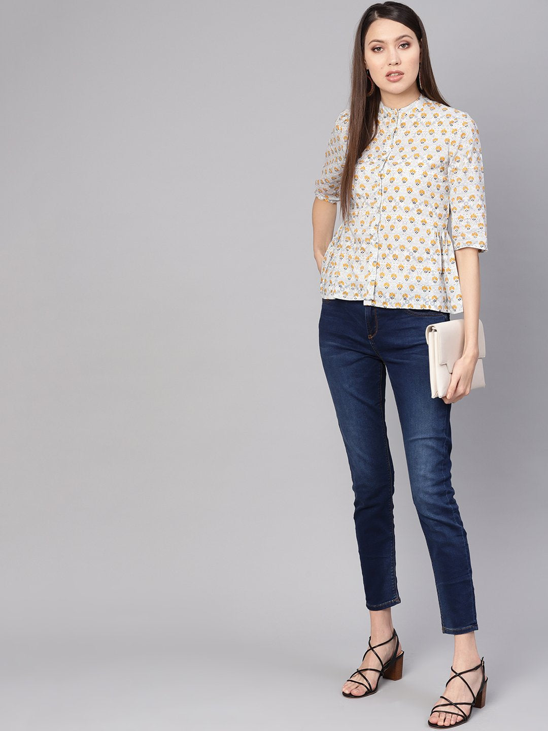 Women Blue & Mustard Yellow Printed Shirt Style Top | NOZ2TOZ - Made In INDIA.