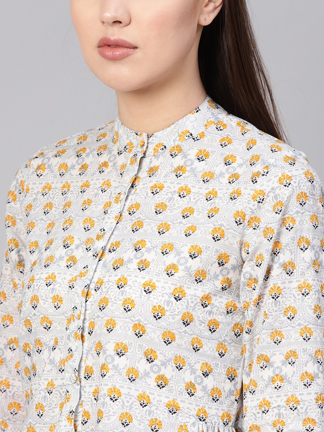 Women Blue & Mustard Yellow Printed Shirt Style Top | NOZ2TOZ - Made In INDIA.