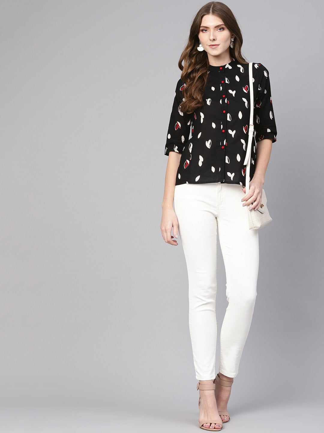 Women Black & White Printed Shirt Style Top | NOZ2TOZ - Made In INDIA.