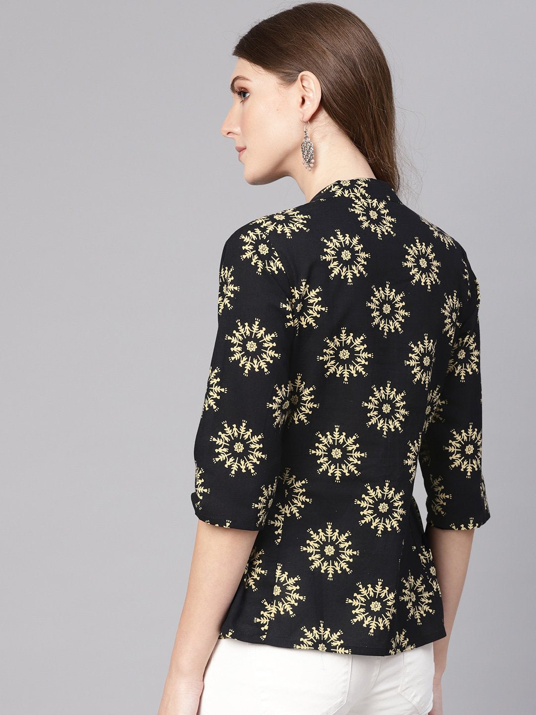 Women Black & Cream-Coloured Printed Shirt Style Top | NOZ2TOZ - Made In INDIA.