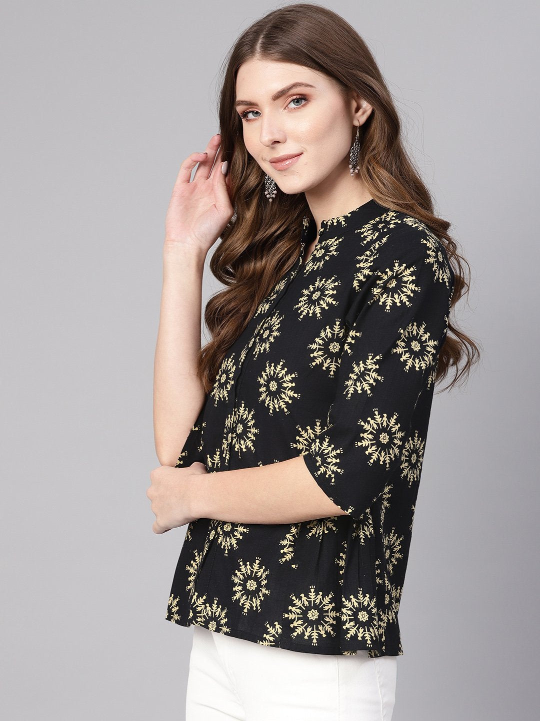 Women Black & Cream-Coloured Printed Shirt Style Top | NOZ2TOZ - Made In INDIA.