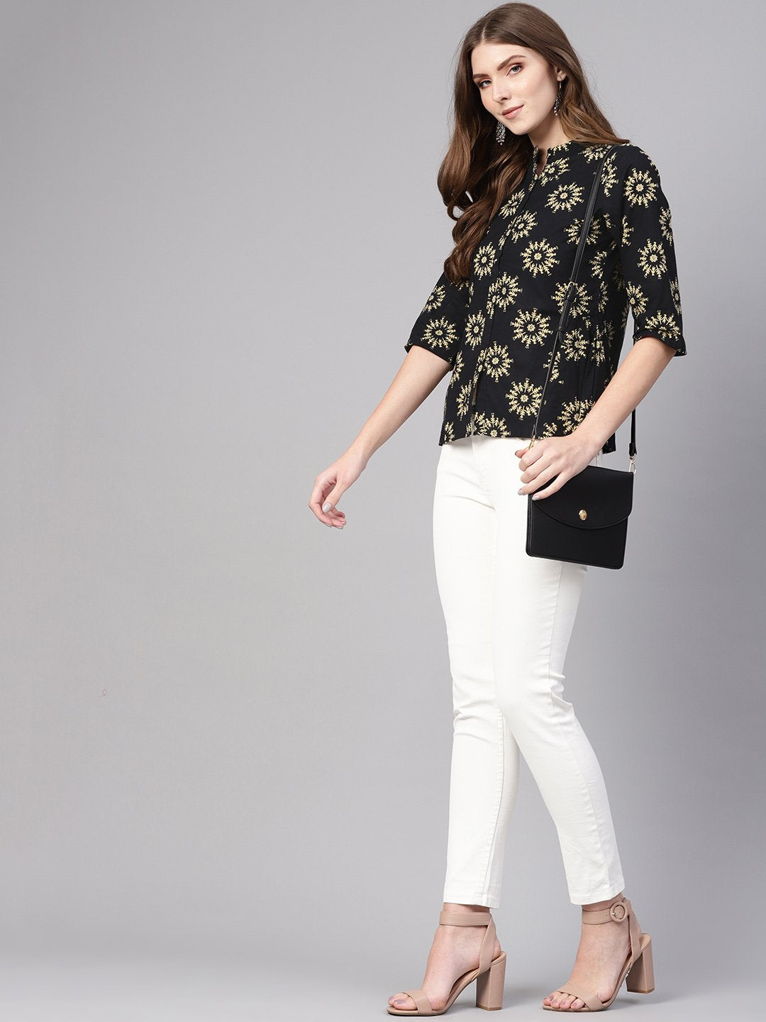 Women Black & Cream-Coloured Printed Shirt Style Top | NOZ2TOZ - Made In INDIA.