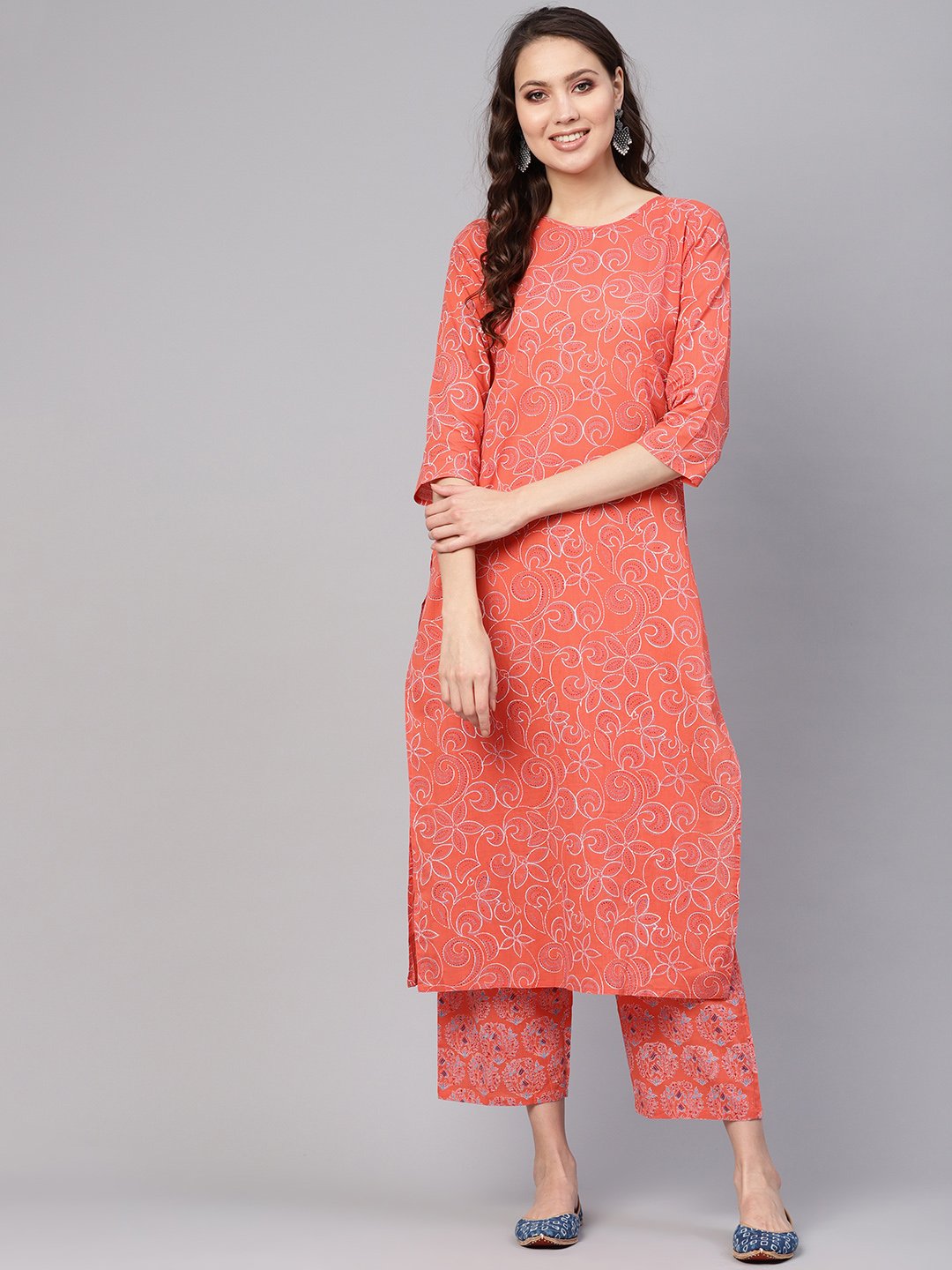 Women Coral Three-Quarter Sleeves Printed Straight Pure Cotton Kurta with Trouser Set | NOZ2TOZ - Made In INDIA.